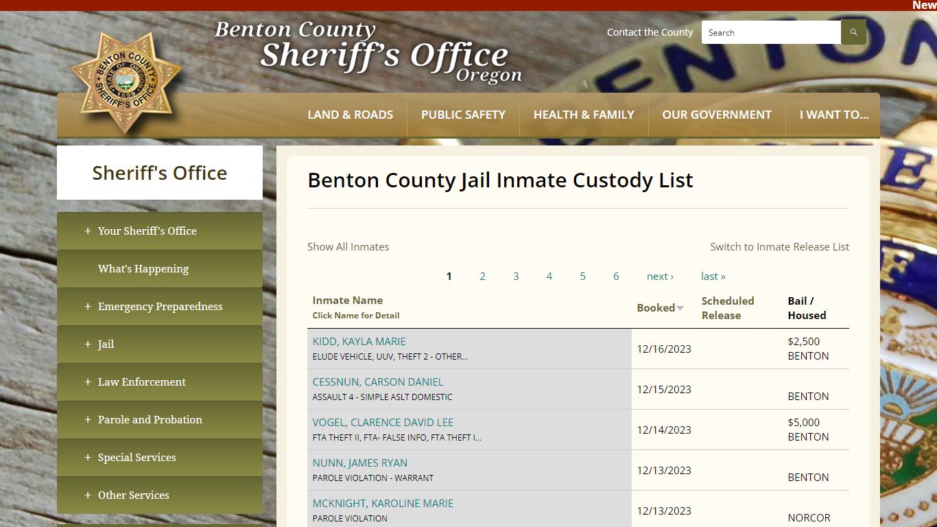 Benton County Jail Inmate Custody List